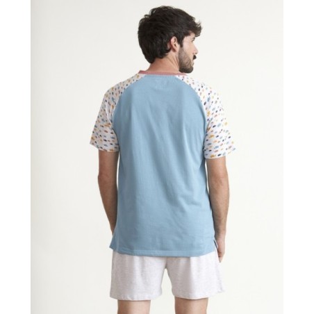 Pijama de hombre algodón cuello pico en azúl