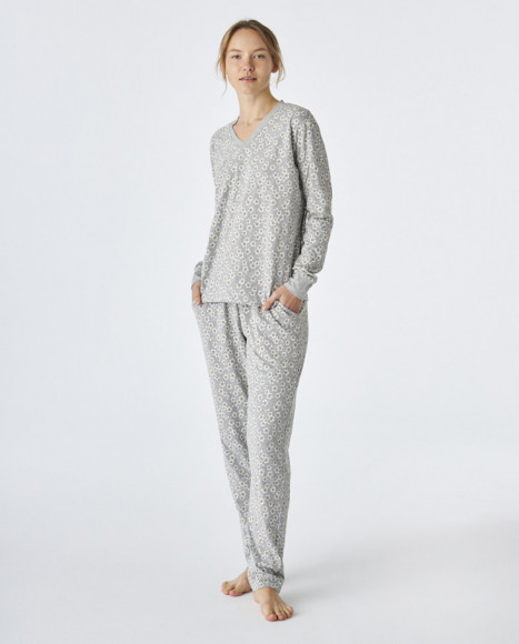 Pijama de mujer de algodón de color gris estampado