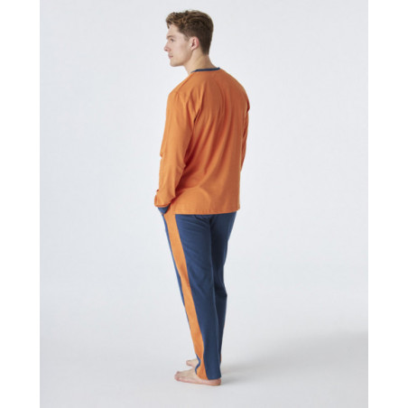 Pijama de hombre de algodón de color naranja y azul