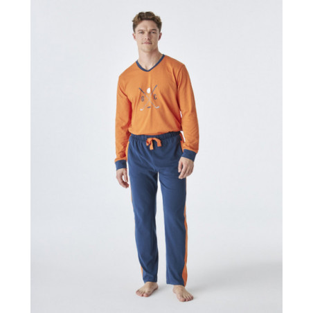 Pijama de hombre de algodón de color naranja y azul