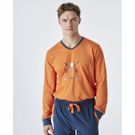 Pijama de hombre de algodón de color naranja y azul