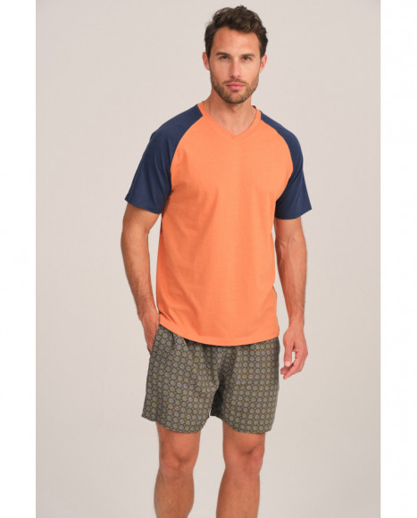 Pijama hombre corto naranja con mangas azul marino