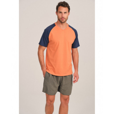 Pijama hombre corto naranja con mangas azul marino