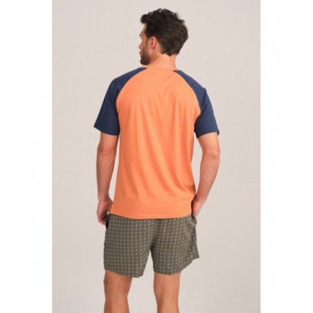 Pijama hombre corto naranja con mangas azul marino