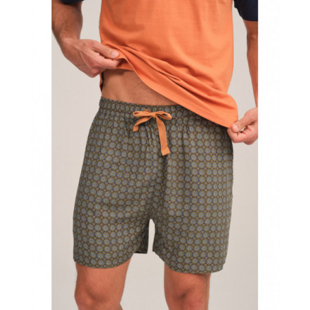 Pijama hombre corto naranja con mangas azul marino