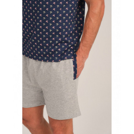 Pijama hombre azul con estampado mini y pantalón gris