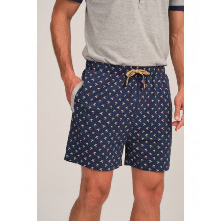 Pijama hombre gris con detalles azul marino y pantalón estampado