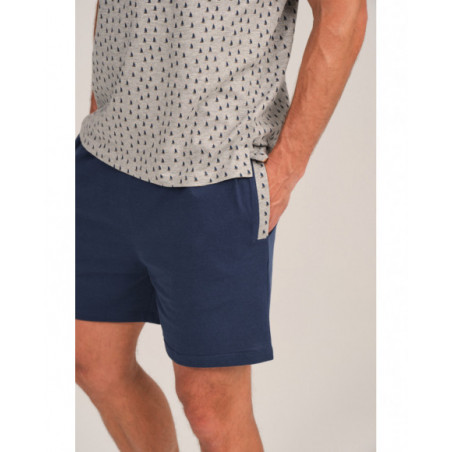 Pijama hombre gris con estampado mini y pantalón azul