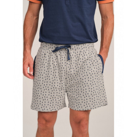 Pijama hombre azul con detalles naranja y pantalón gris