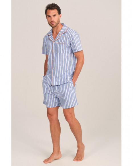 Pijama hombre rayado en azul con detalles contrastantes