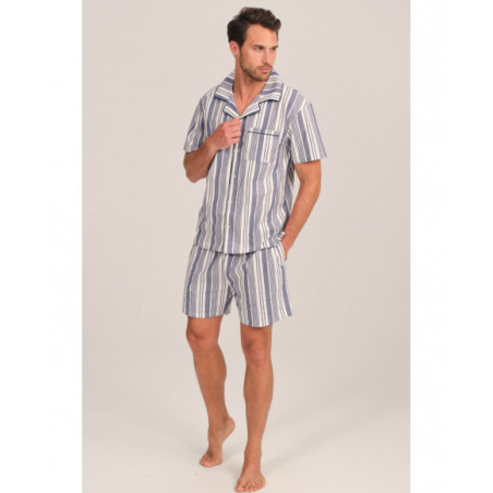 Pijama hombre rayado en azul y blanco con cuello abierto