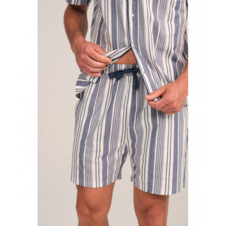 Pijama hombre rayado en azul y blanco con cuello abierto